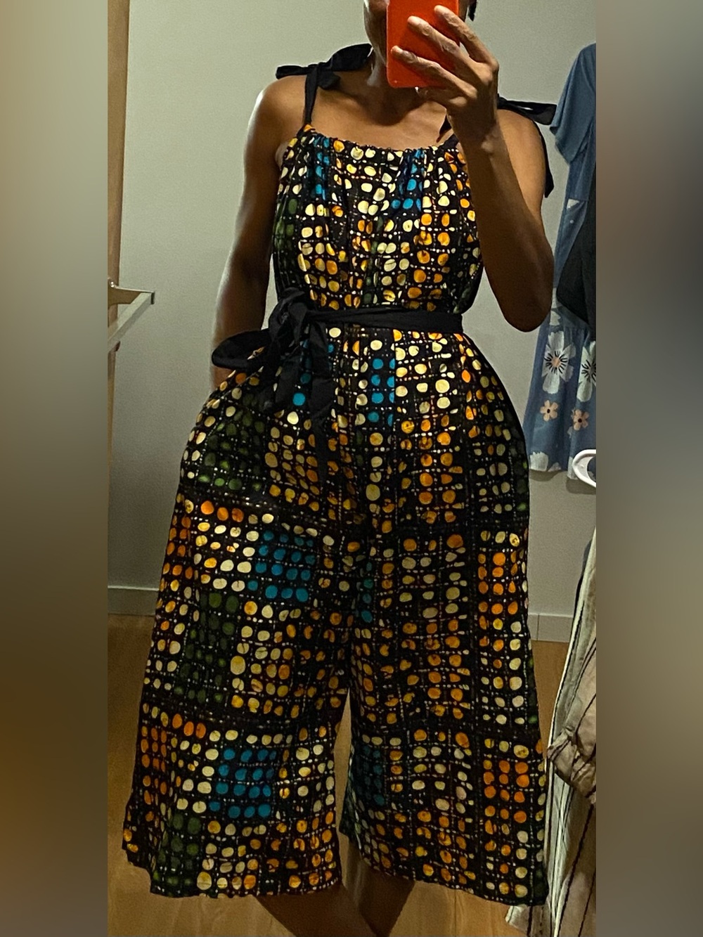 African Ankara Print Wide Leg Capri Jumpsuit with solid black back. Summer Vibe - Picture 3 of 12
